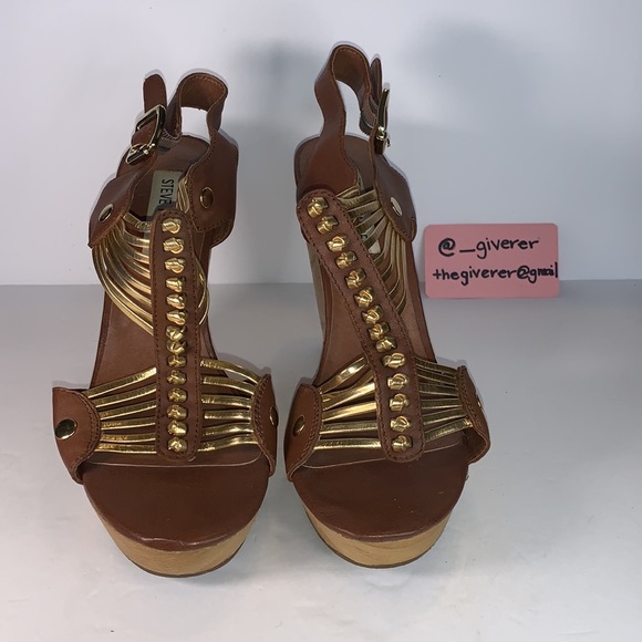 TUSCAAN 8.5 Steve Madden Cognac & Gold Wood Heel Wedge - Picture 8 of 16